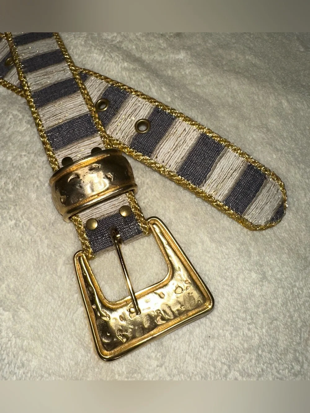 Vintage 80s Elite Fresno CA Woven Striped Belt Gold Statement Buckle Medium M
